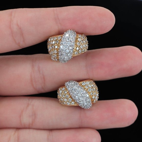 19150 14K Yellow White Gold 3.50ct Pave Round Diamonds Huggie Hoop Earrings - Picture 2 of 6